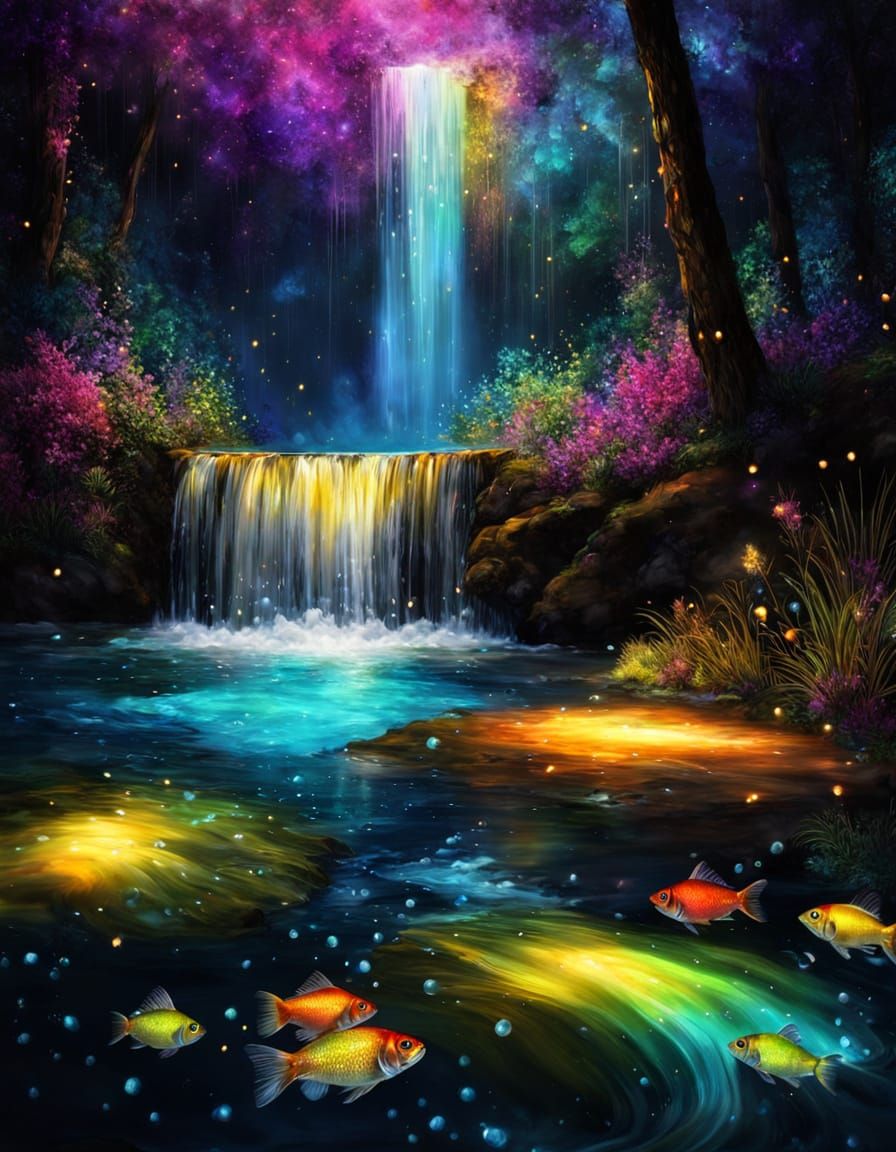 Alcohol Ink Waterfall with Glowing Fish and Fireflies