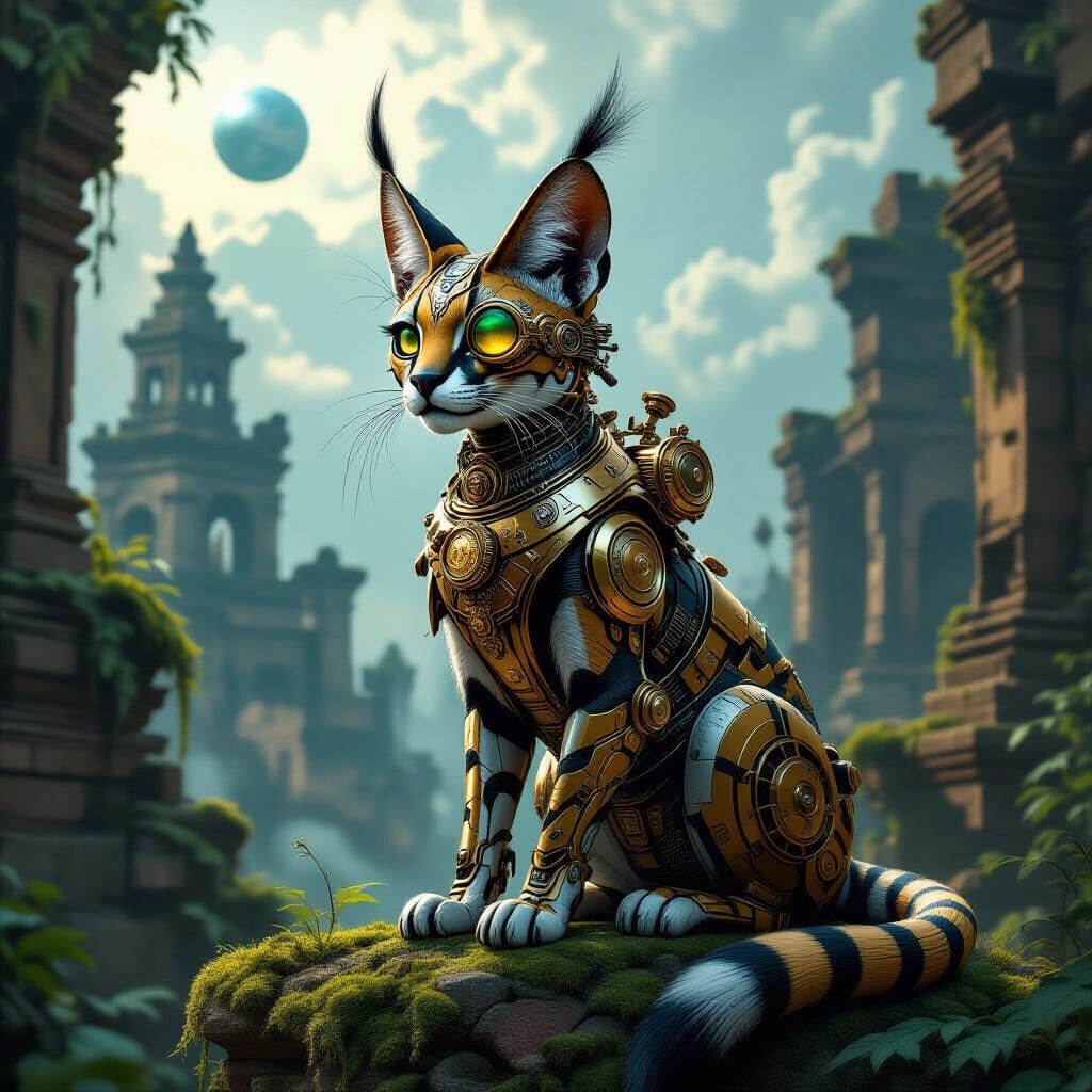 Steampunk Clockwork Serval in Ancient Ruins