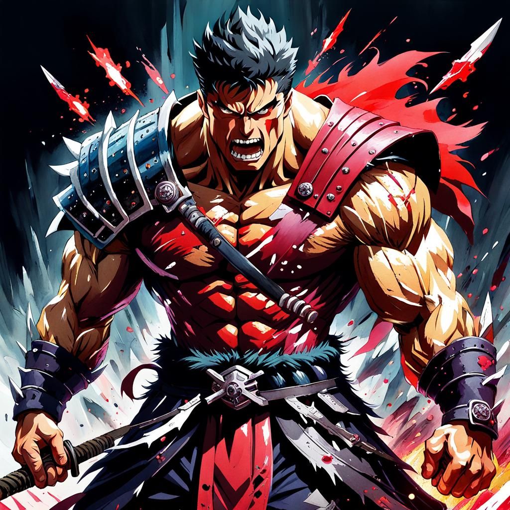 Anime Berserker Guts in Gouache Watercolor Style