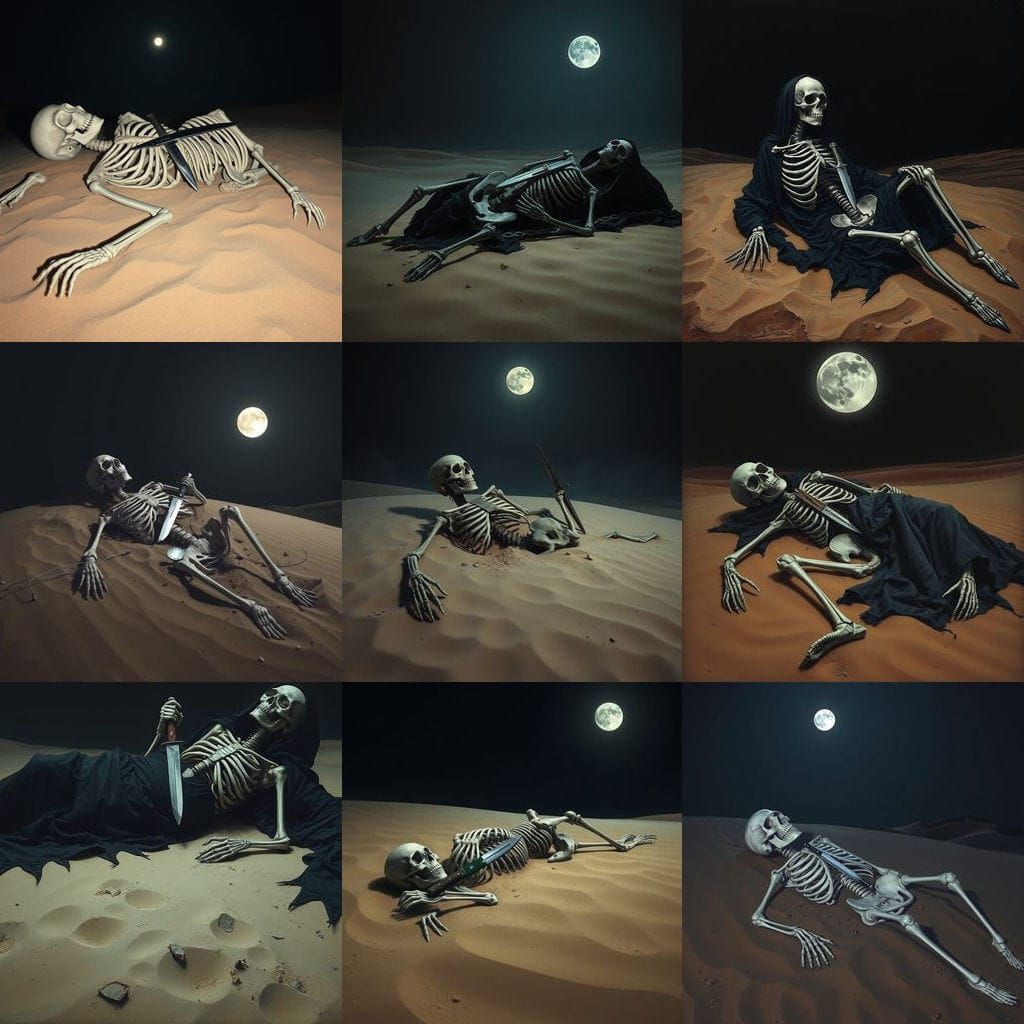 Gothic Skeleton in Sandy Wasteland at Night
