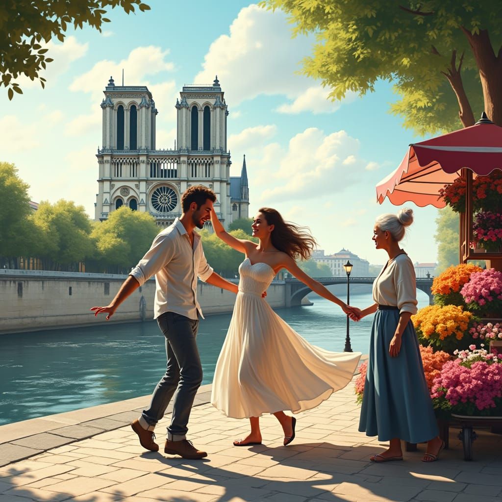 Couple Dancing by Seine, Digital Matte Painting