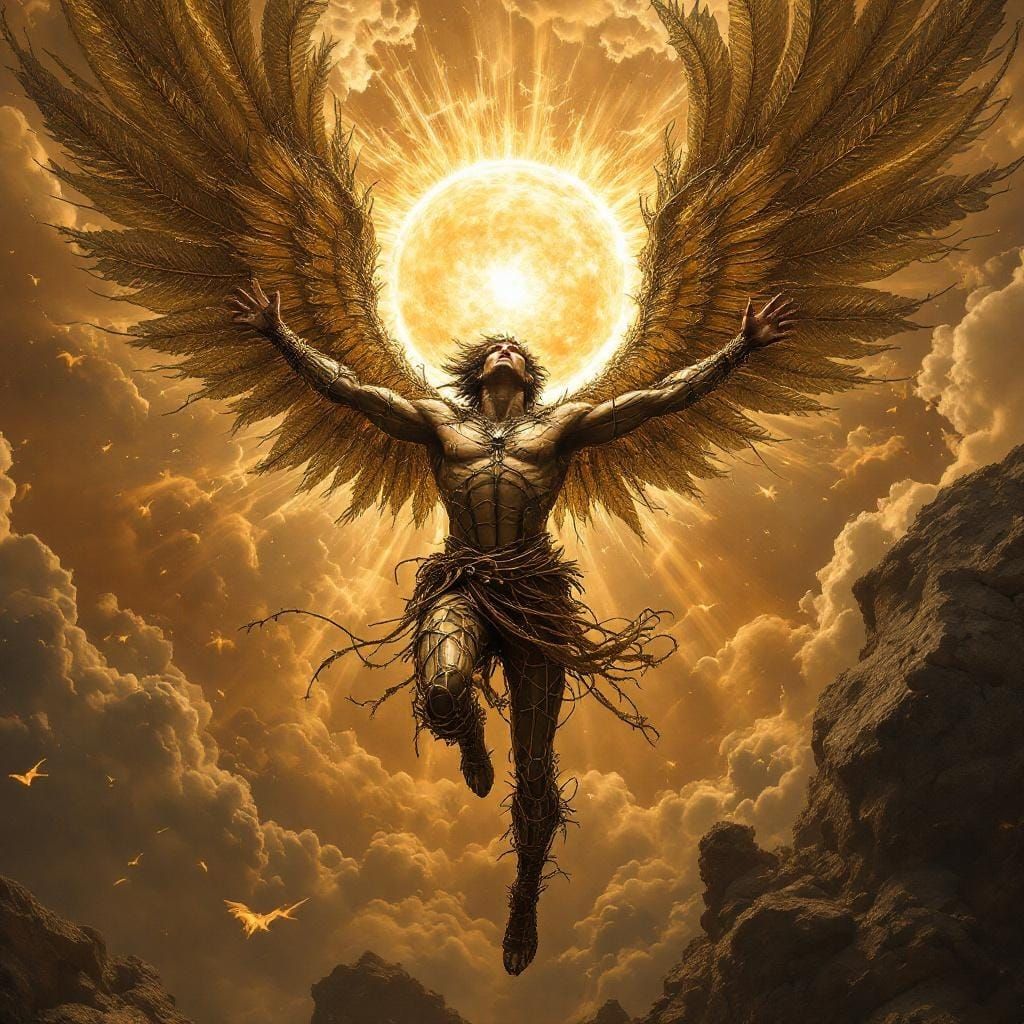 Icarus Ascends: Bronze Wire Sculpture in Dramatic Lighting