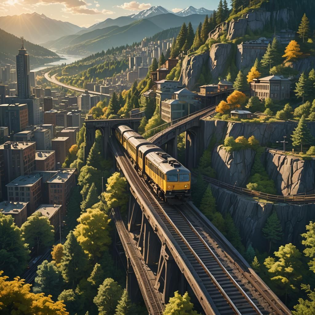 Train Overlooking Evergreen City in Matte Painting Style