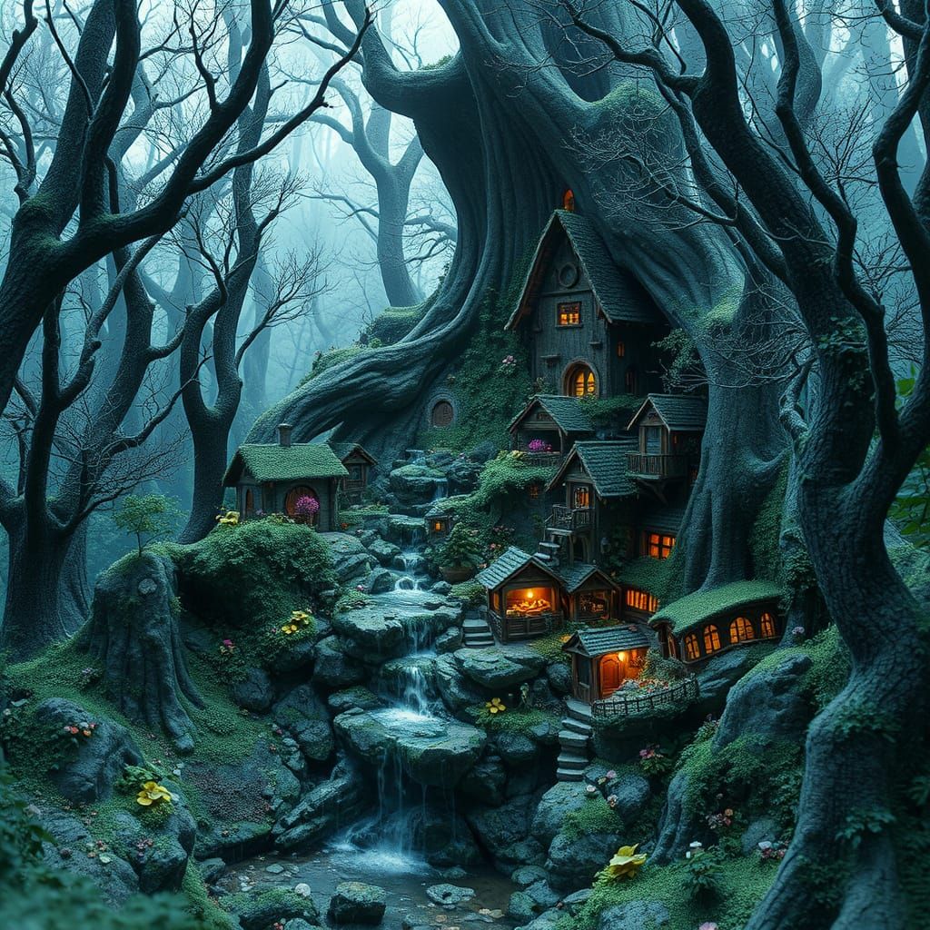 Fairy Village in Gloomy Forest Thicket, Fantasy Art