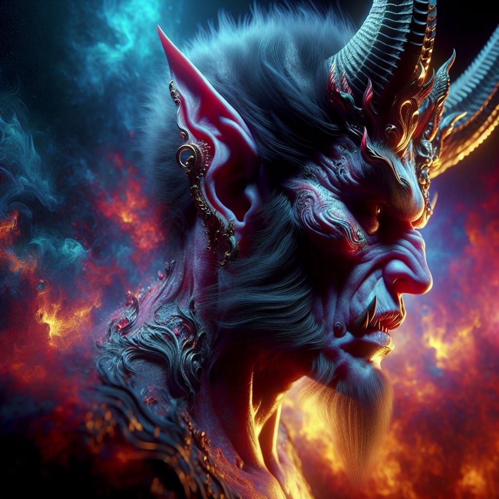 Hyperrealistic Demon Concept Art with Vibrant Backdrop