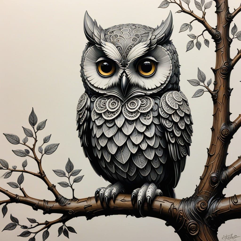 Elegant Clay Owl Sculpture in Minimalist Charcoal Drawing