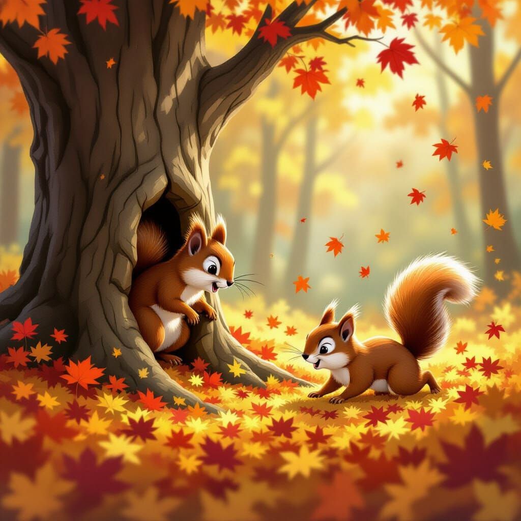 Playful Squirrels Chase Through Autumn Forest