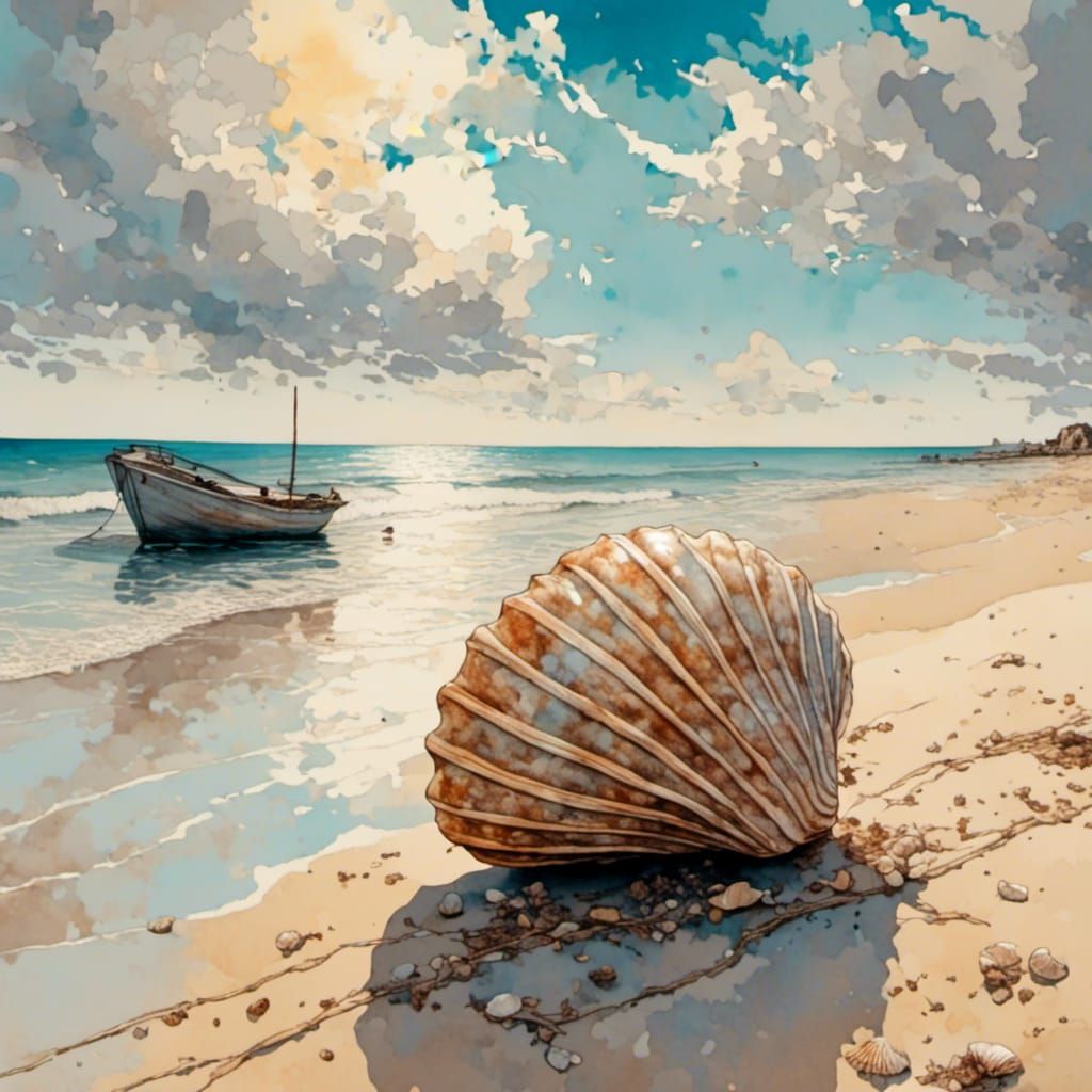 Dreamy Seashell on Beach with Distant Boat