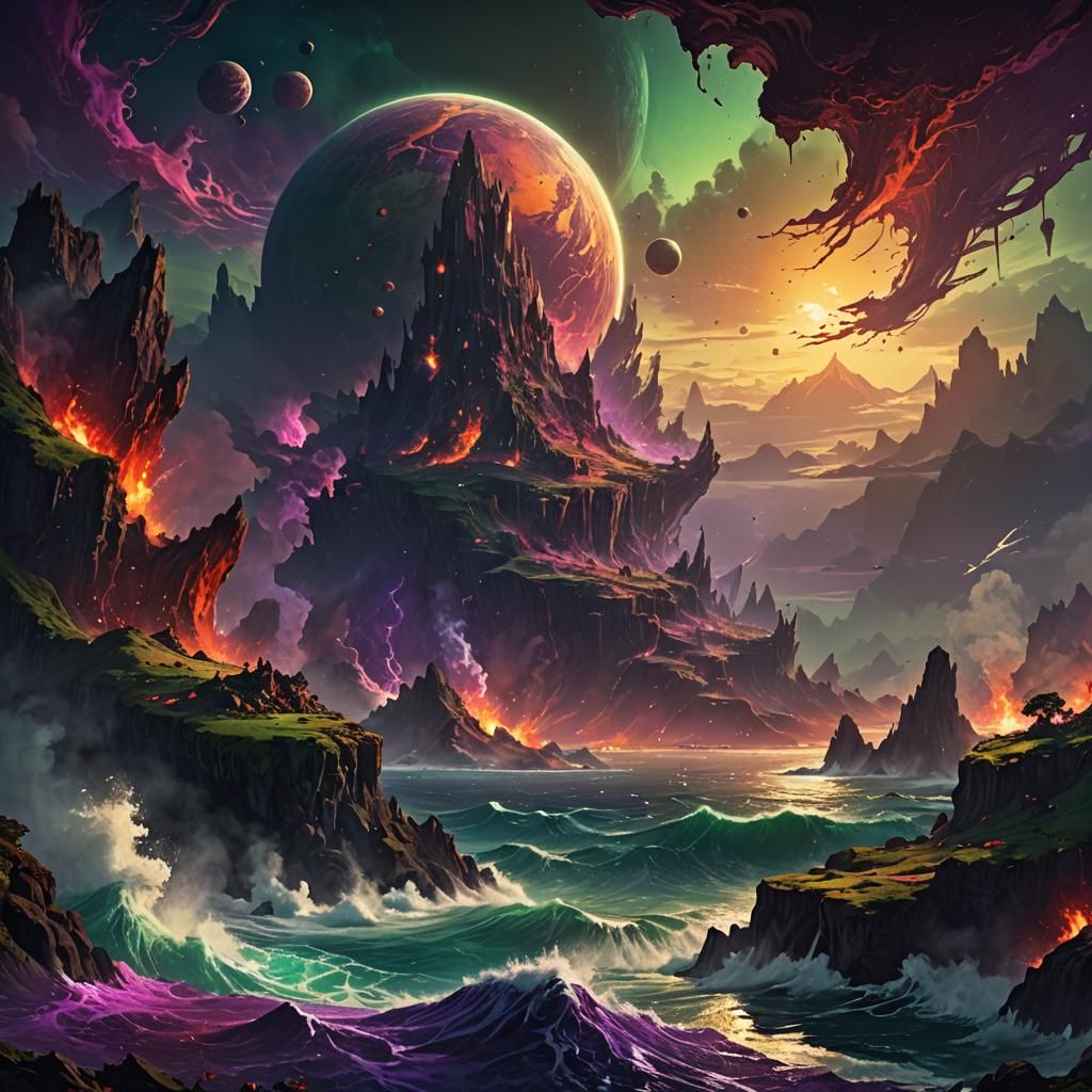 Dark Fantasy Planet with Glowing Volcanoes