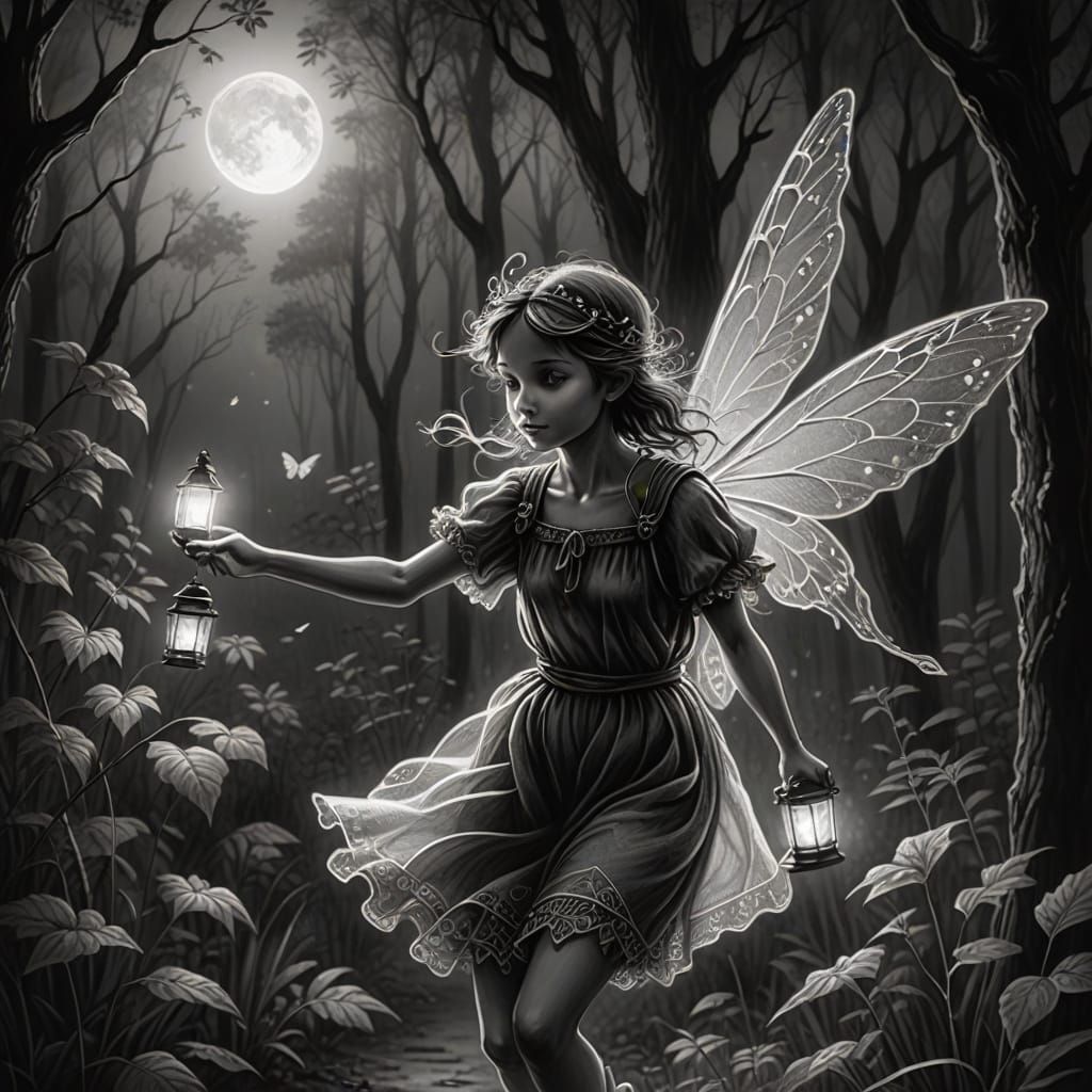 Fairy Lantern in Moonlit Forest: Charcoal Drawing