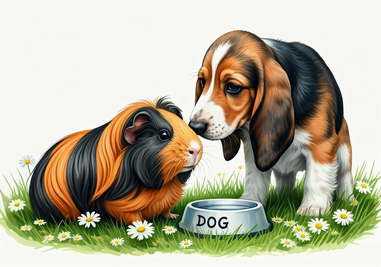 Guinea Pig and Dachshund Kiss in Watercolor