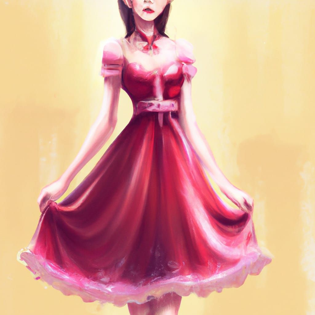 Anime Girl in Crimson Dress, Figurative Art Style