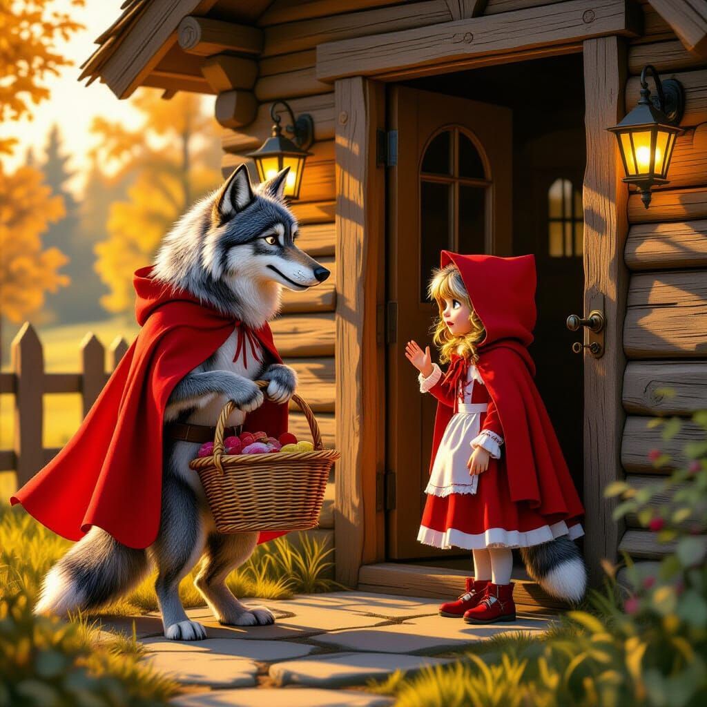 Wolf as Red Riding Hood in Comedic Cottage Scene
