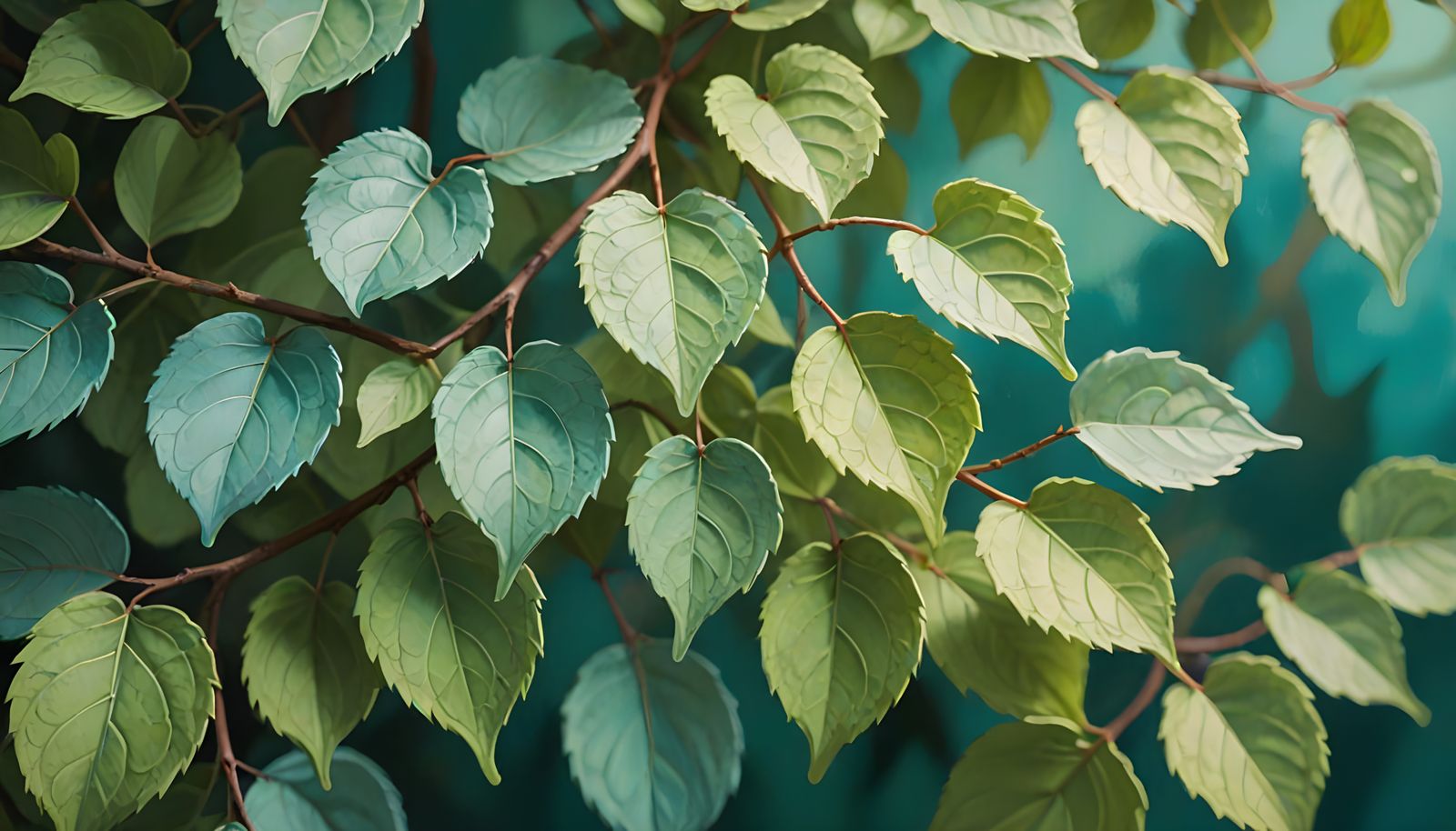 Lush Green Leaves with Dappled Light on Teal