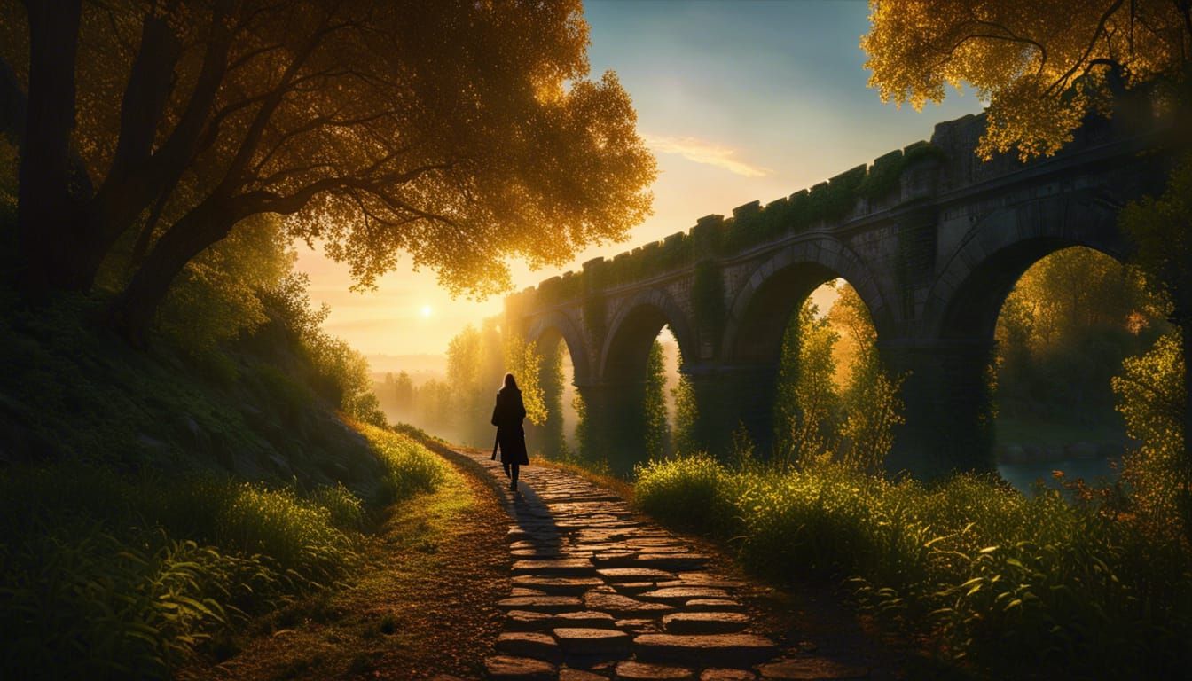 Lone Traveler on Pathway to Medieval Bridge