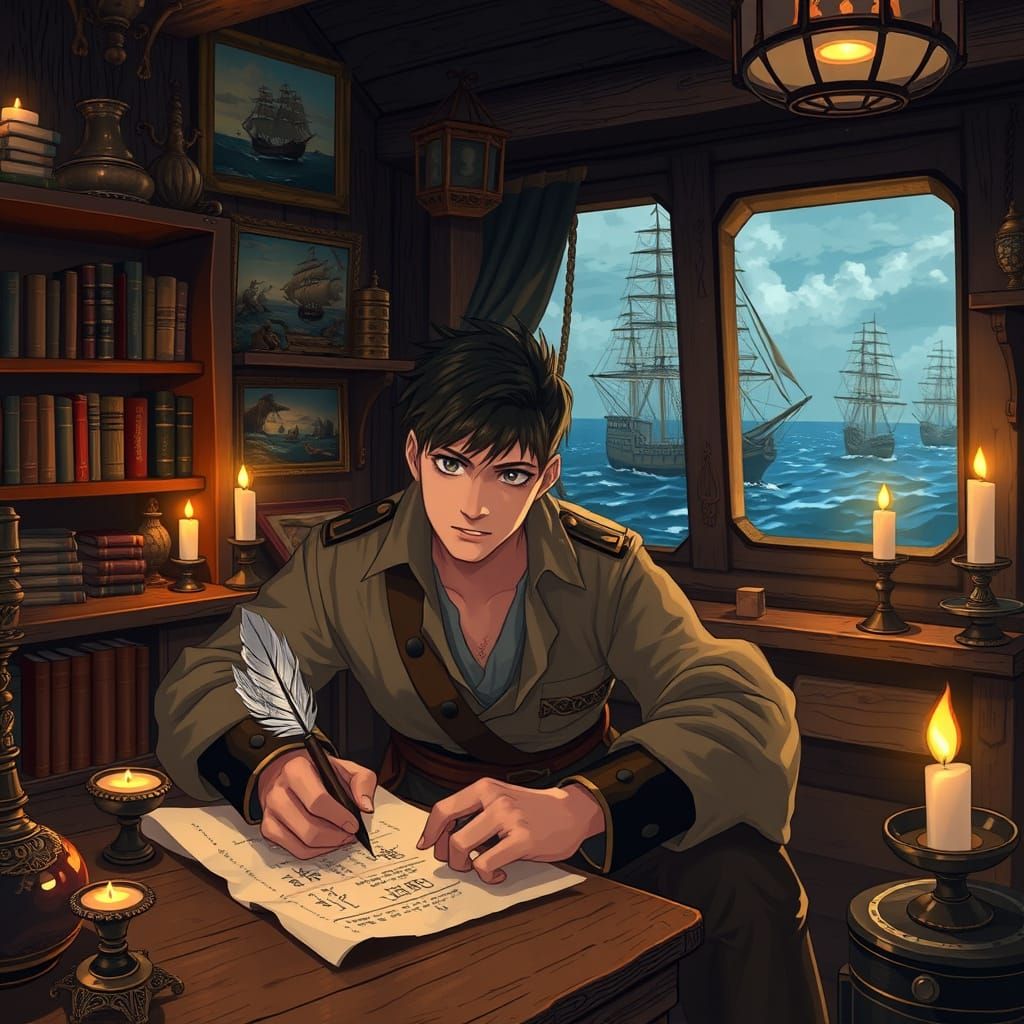 Anime-Inspired Ship Captain in Dimly Lit Quarters