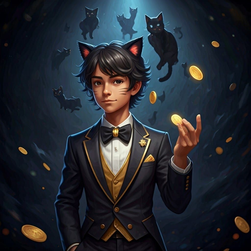 Boy with Cat Features Flips Coin, Detailed Matte Painting