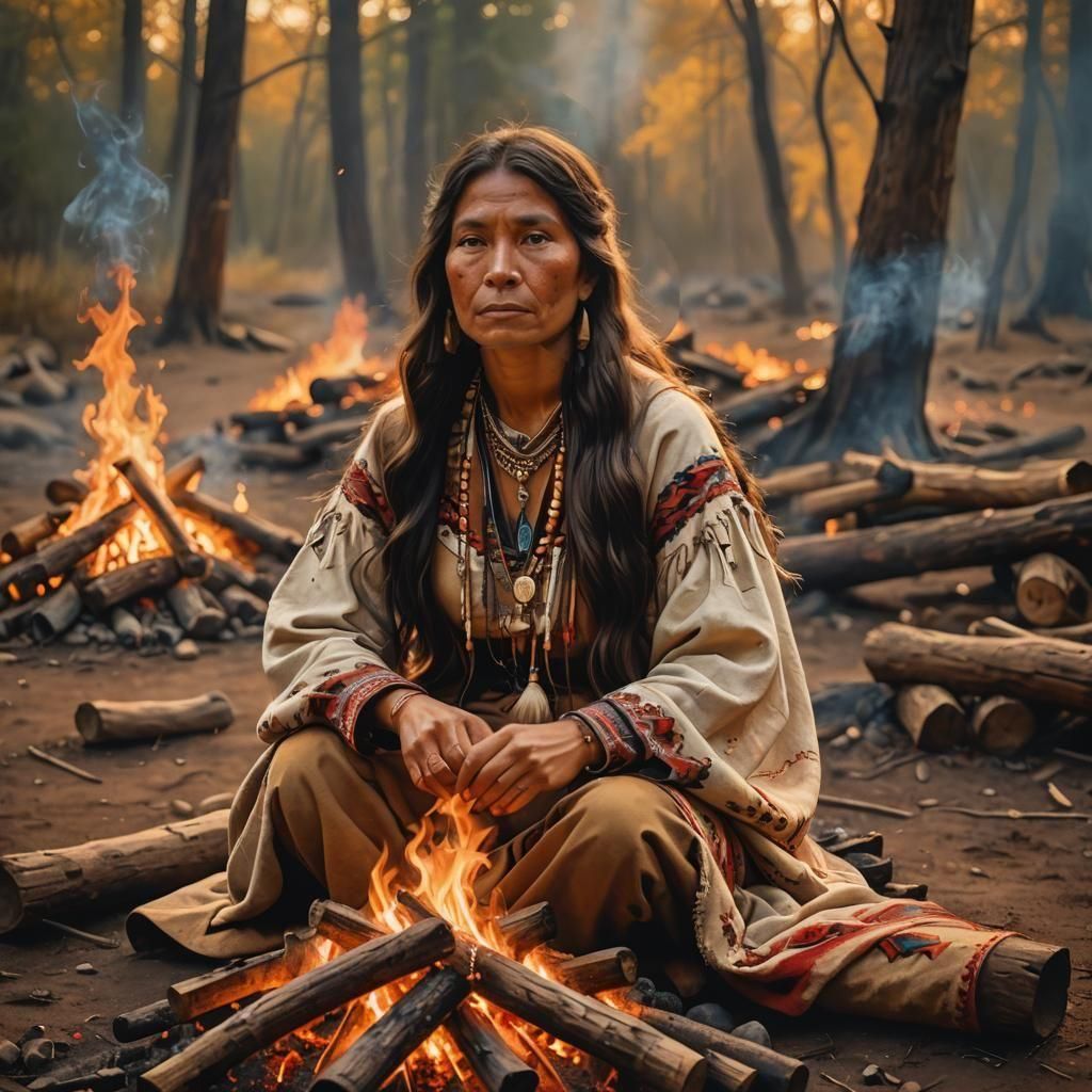 Beautiful Native American Woman by Campfire