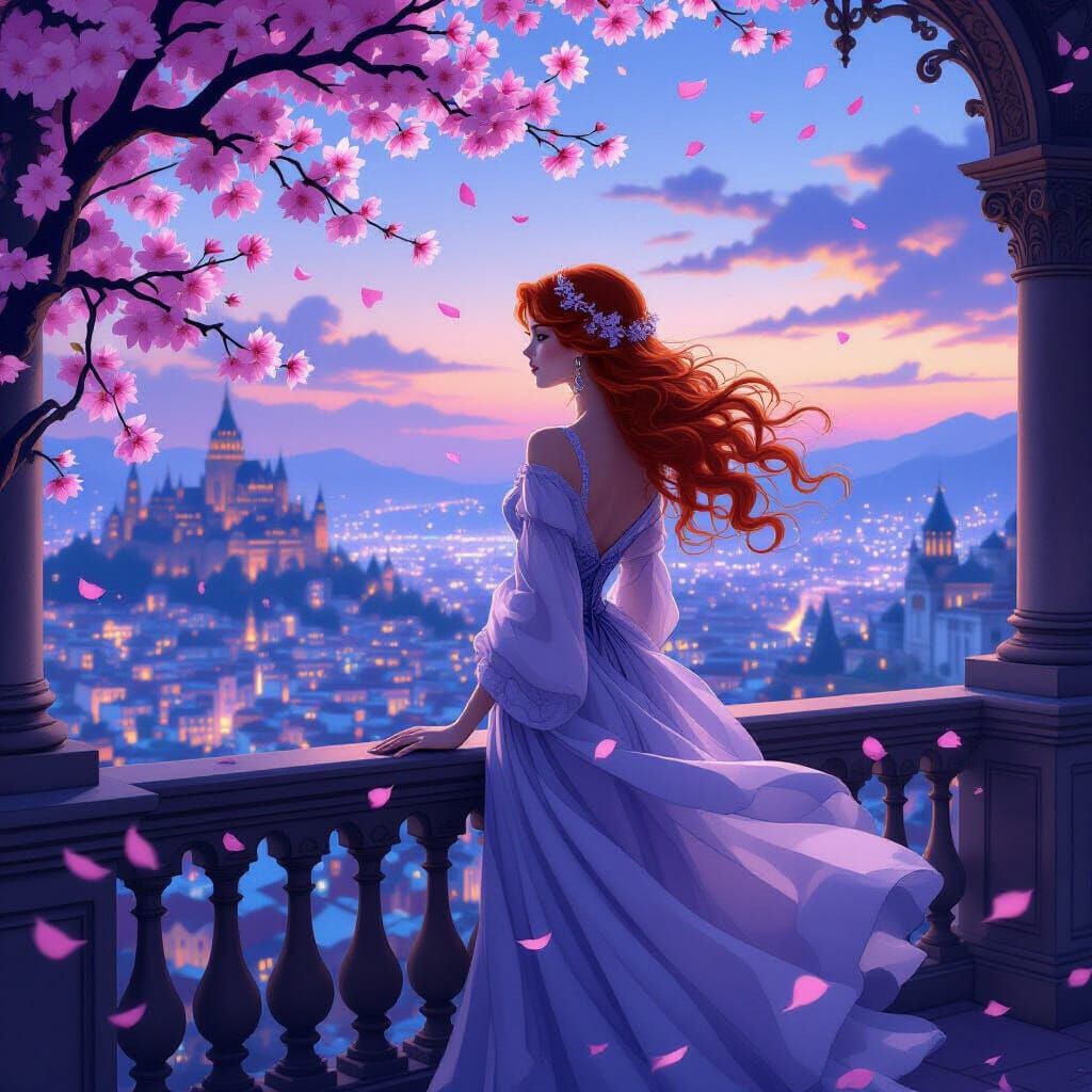 Red-Haired Princess on Balcony at Twilight