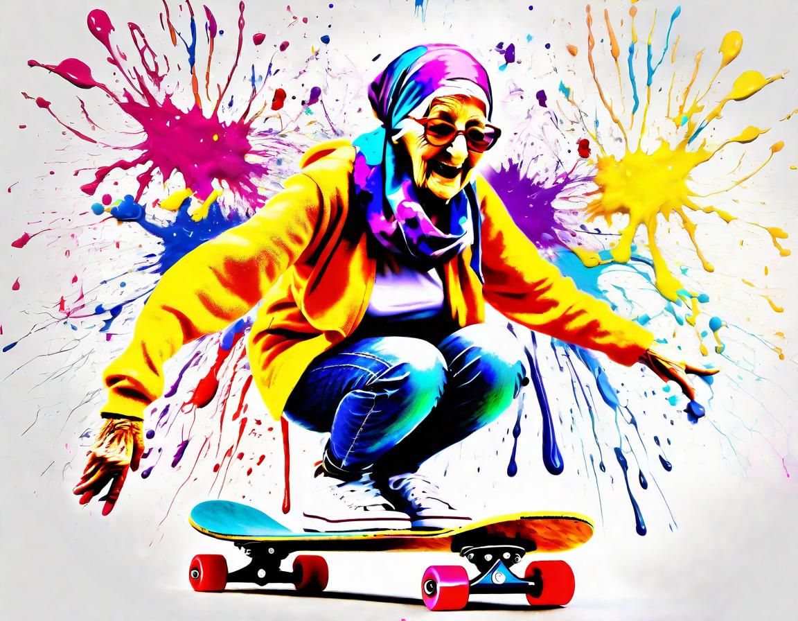 Dynamic Paint Splash Art: Skateboarding Grandma
