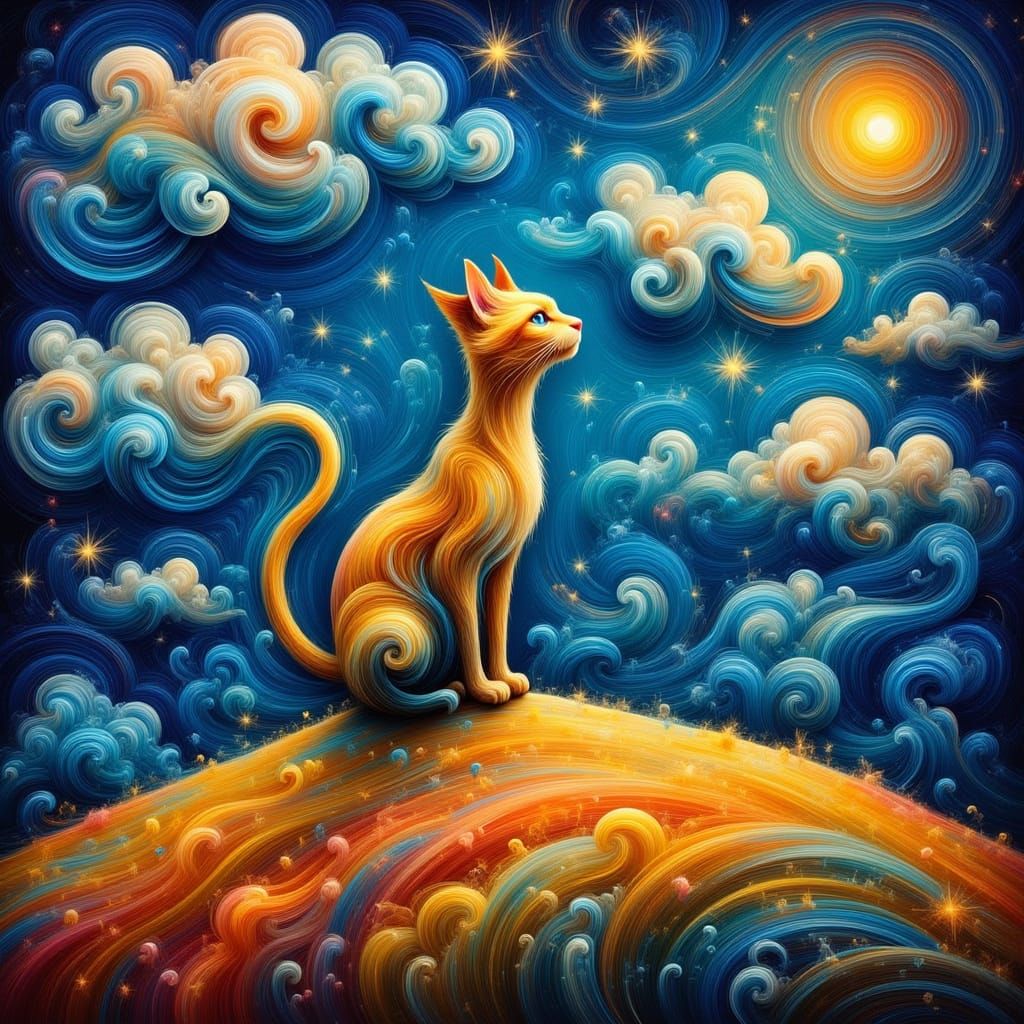 Whimsical Cat in Starry Impasto Landscape