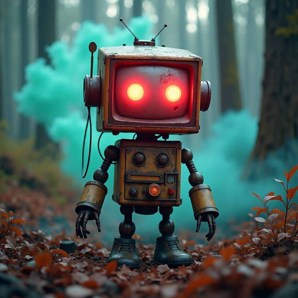 Vintage Robot in Neon Smoke, Post-Apocalyptic Forest