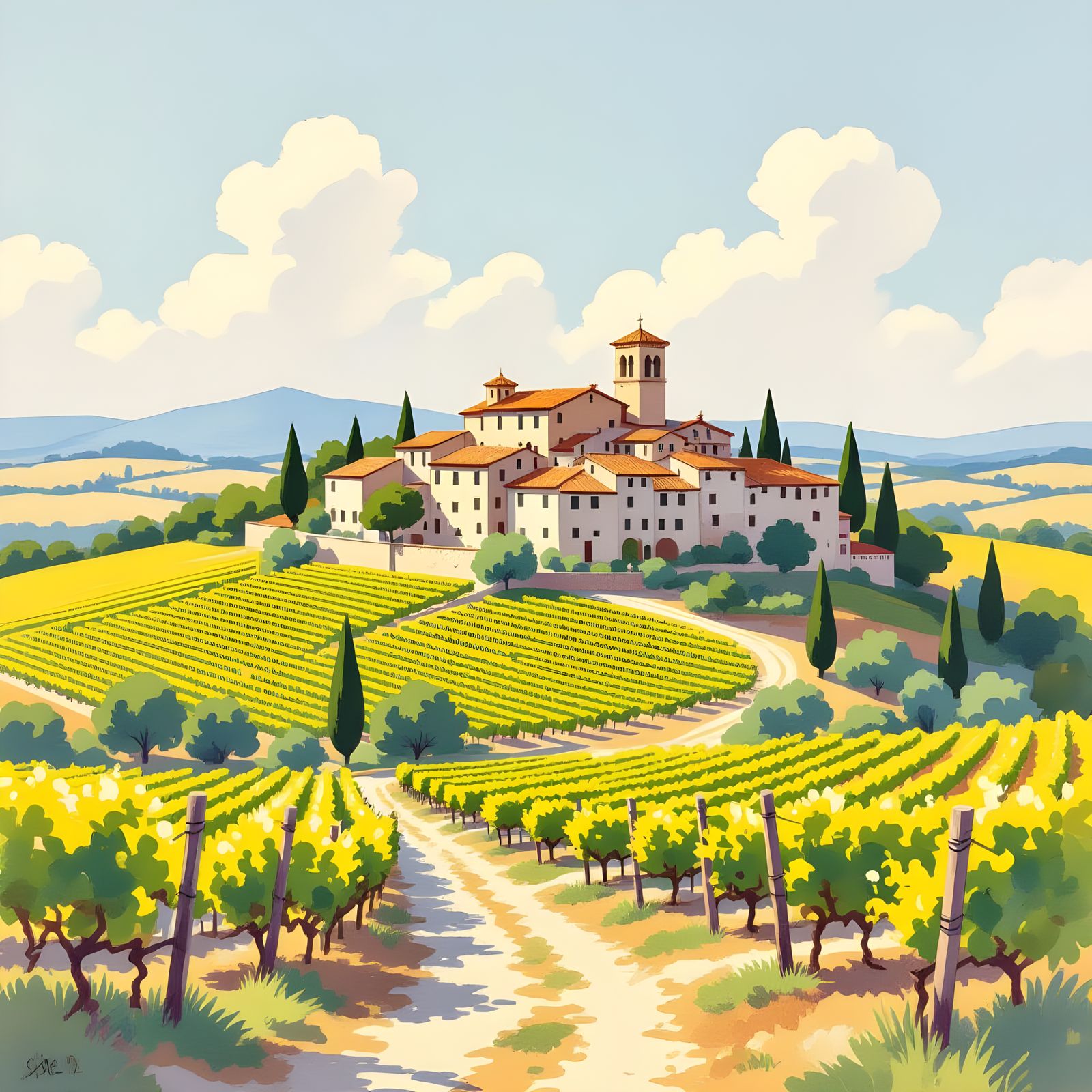Tuscan Village Watercolour Painting in Anime Style