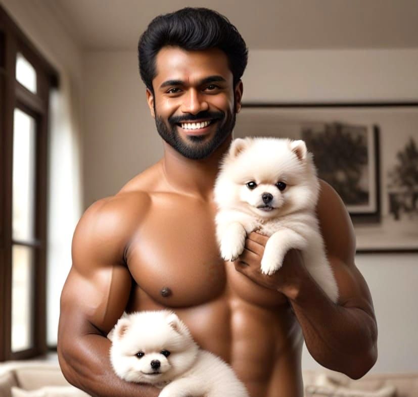 Muscular Indian Man with Adorable White Pomeranian