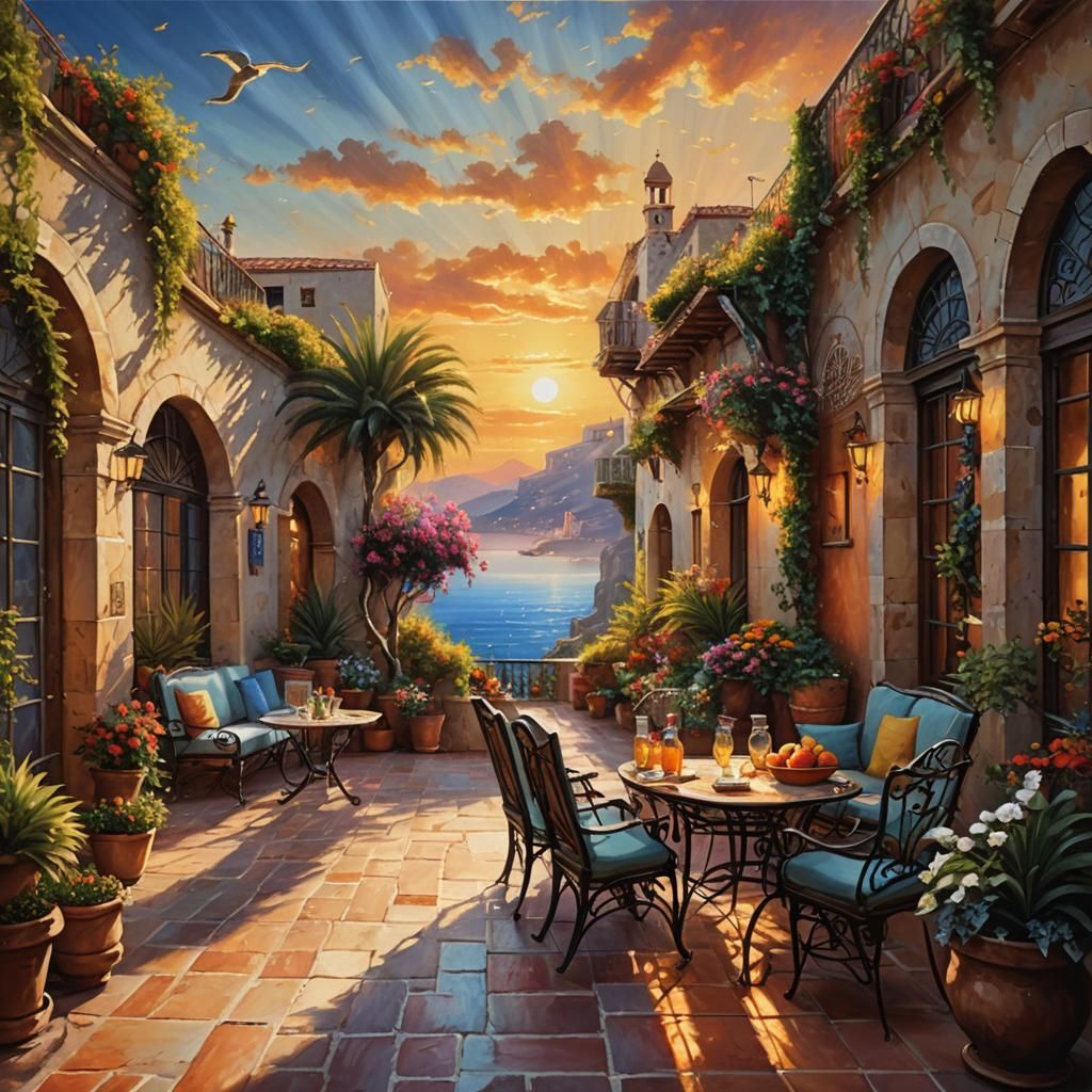 Mediterranean Sunset: A Fantastical Digital Oil Painting
