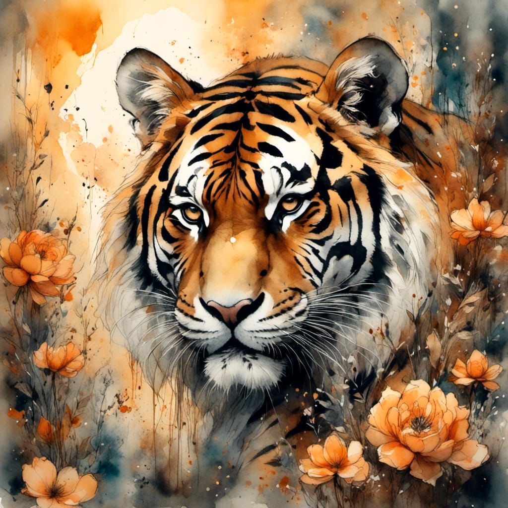 Bengal Tiger in Jungle Sunset: Watercolor Concept Art