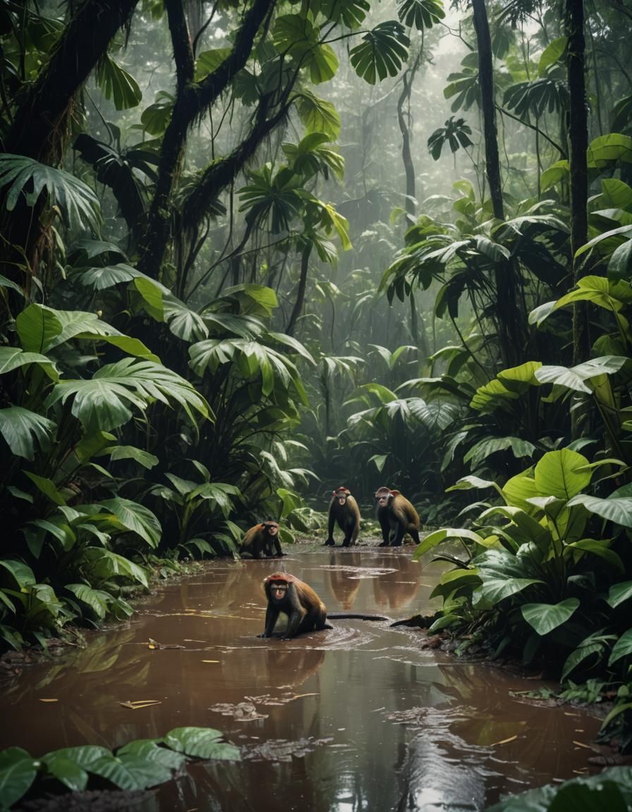 Monkeys in Rainforest During Rainfall: Cinematic Film Still