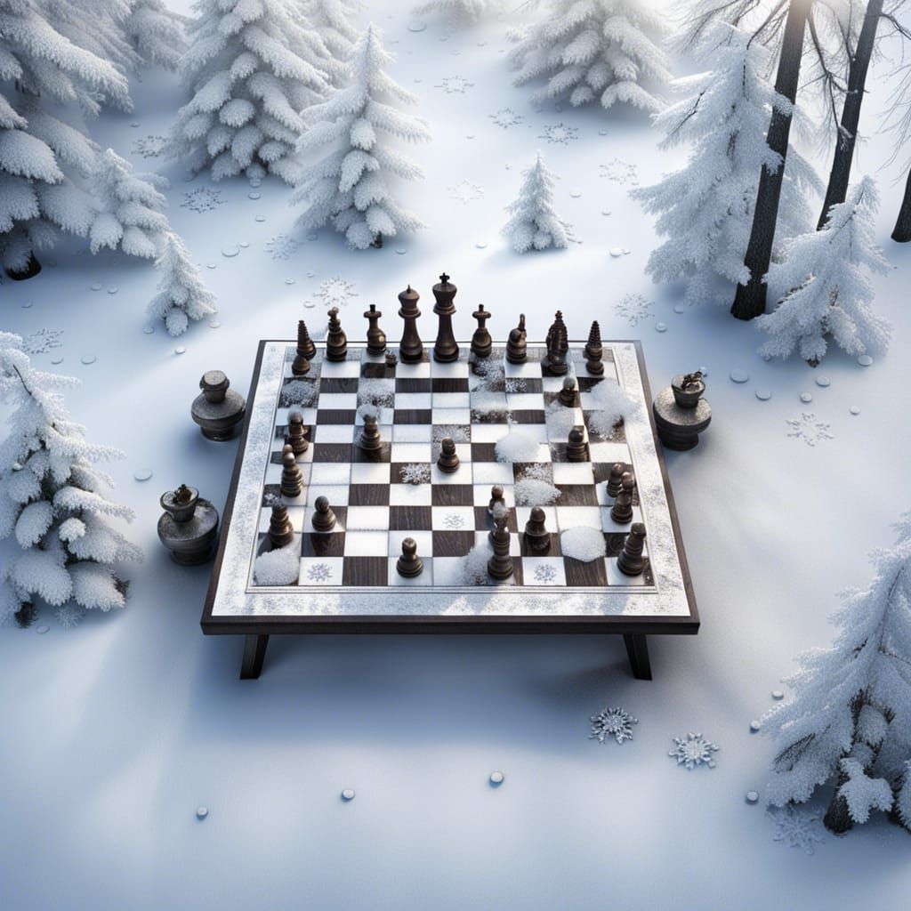 Serene Winter Chess Scene in Snowy Forest