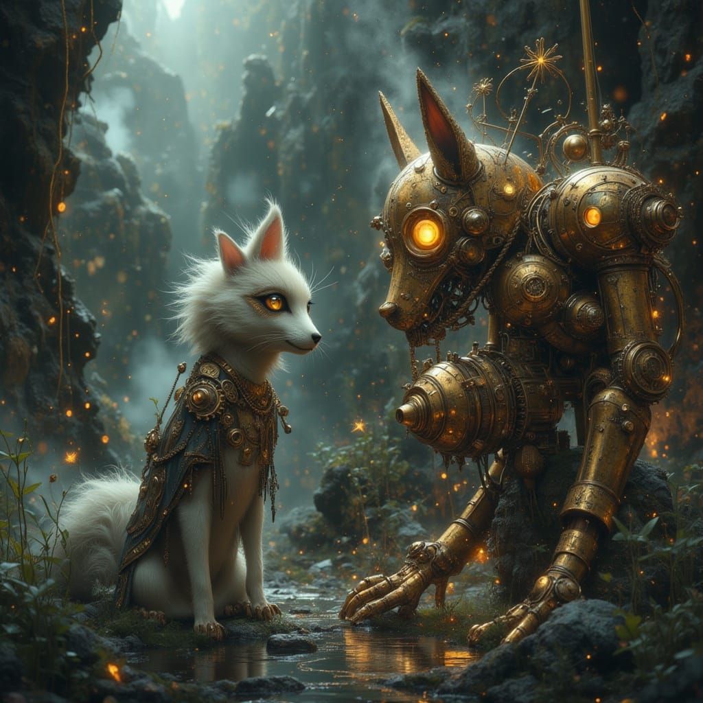 Kitsune and Clockwork Automaton in Steampunk World