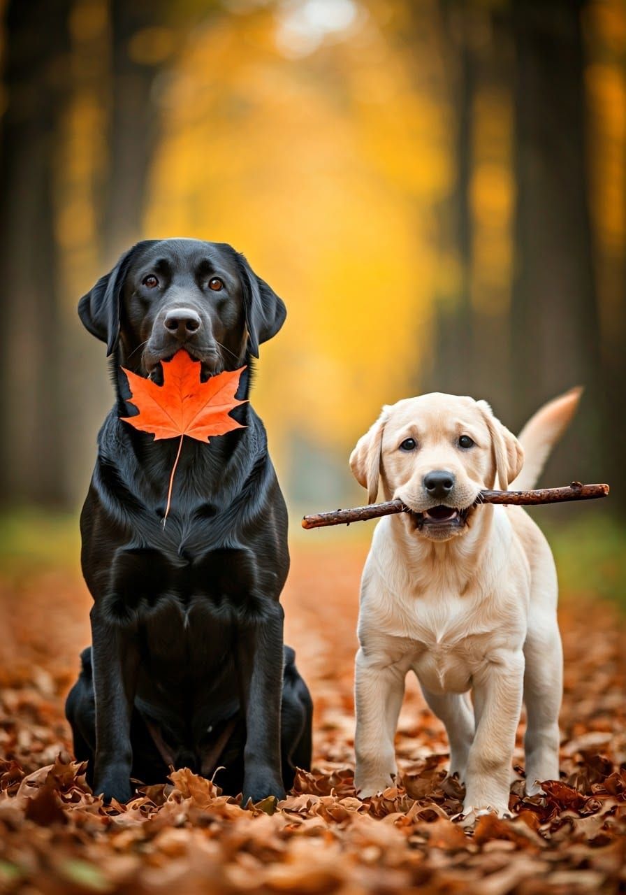 Labrador Retrievers Celebrate Autumn, Photorealistic Digital...