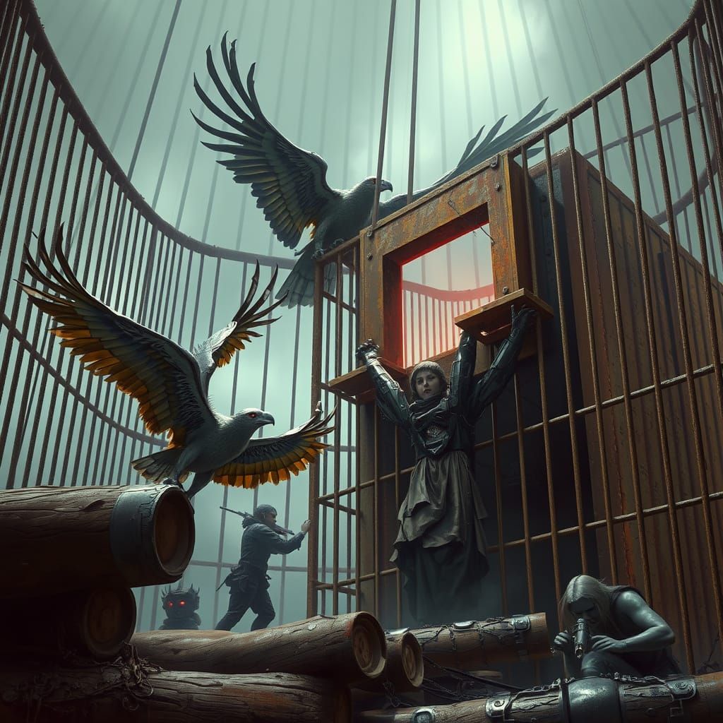 Giant Cyborg Hawks Attack: Industrial Sci-Fi Scene