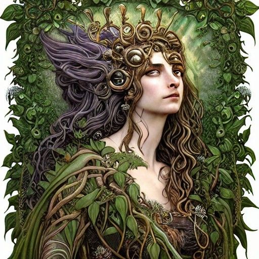 beautiful greek Titan goddess Rhea wearing a lion mane, intricate details, nature, flowing leaves : : in the style of Br...