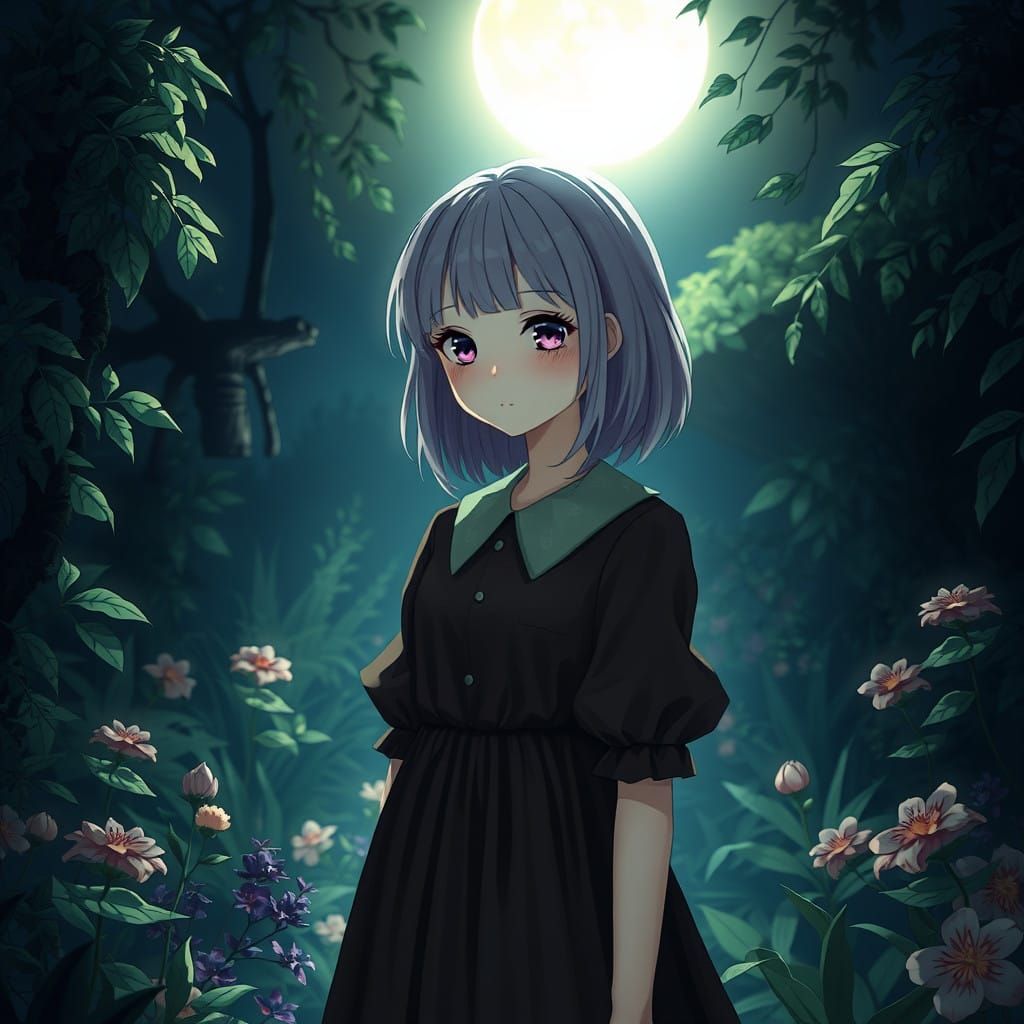 Girl in Lavender Hair Stands in Enchanted Garden