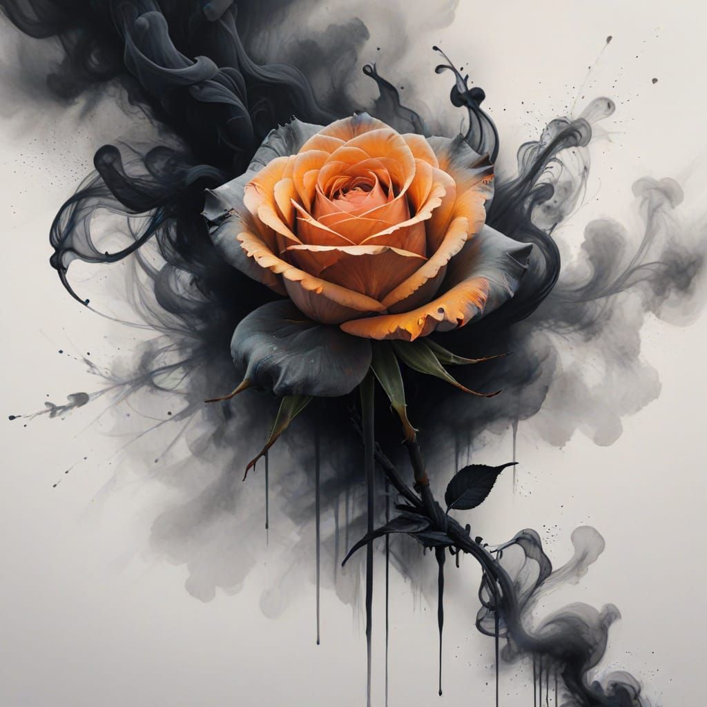 Ethereal Ink Rose Concept Art with Orange Accent