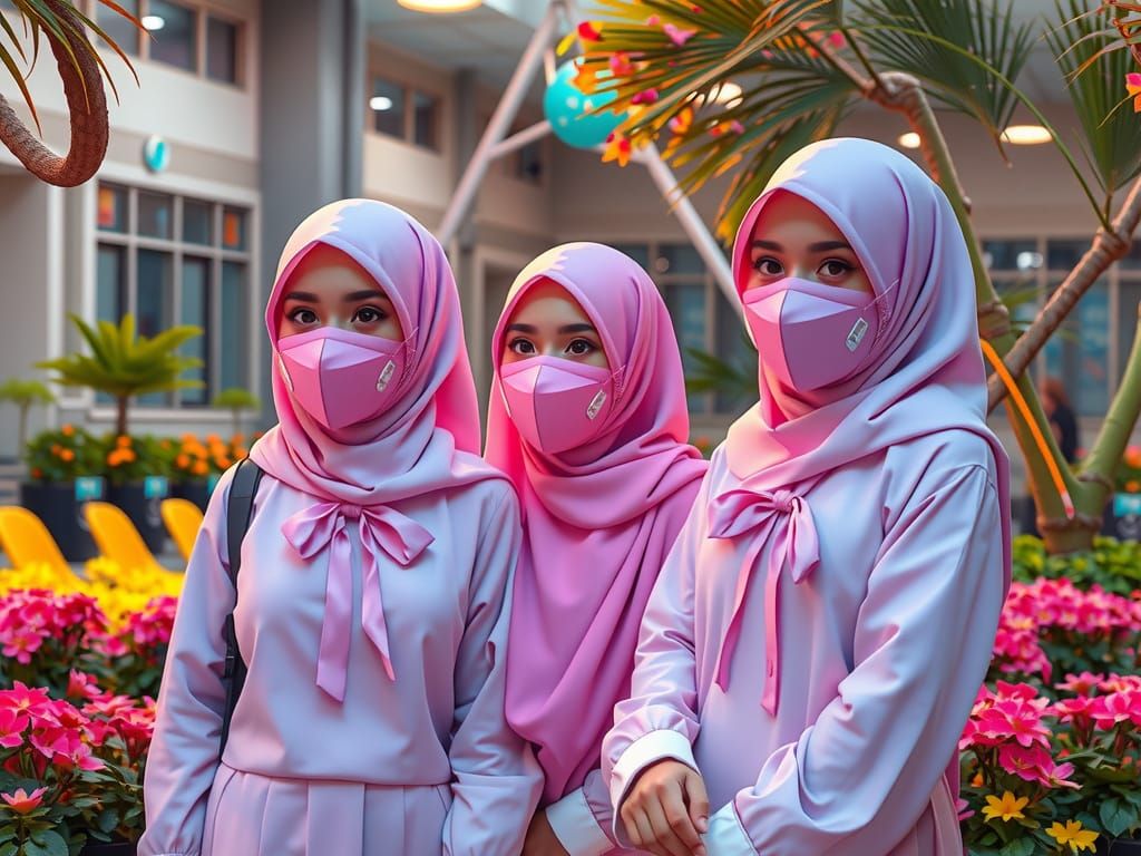 Solarpunk Hijabi Schoolgirls in Futuristic Gardens