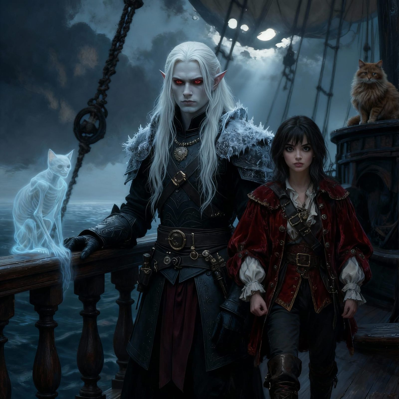 Albino Drow and Mortal Woman on Haunted Airship