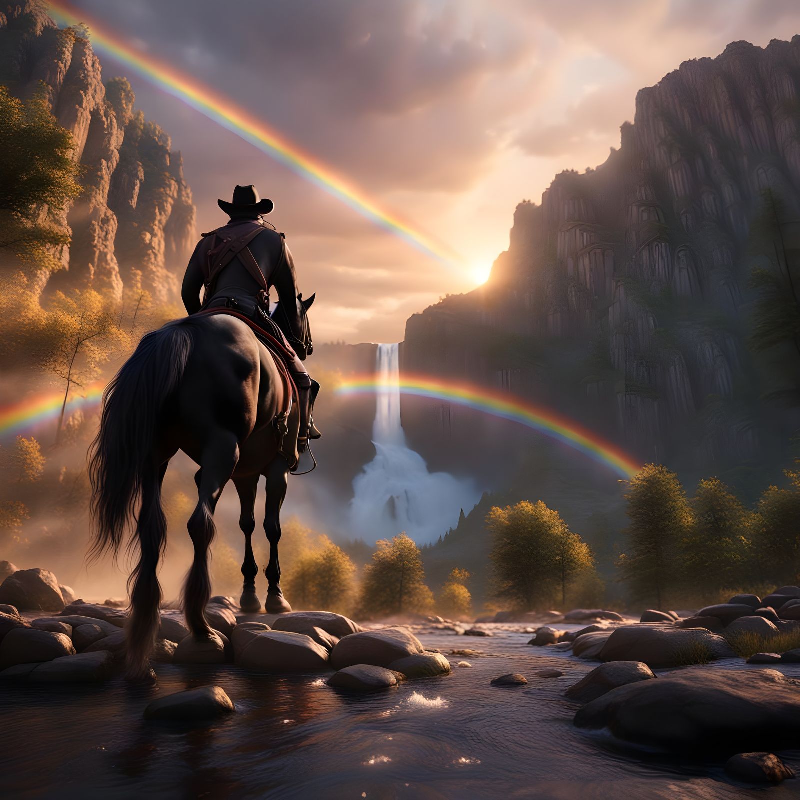 Cowboy and Black Horse at Sunset: Matte Painting