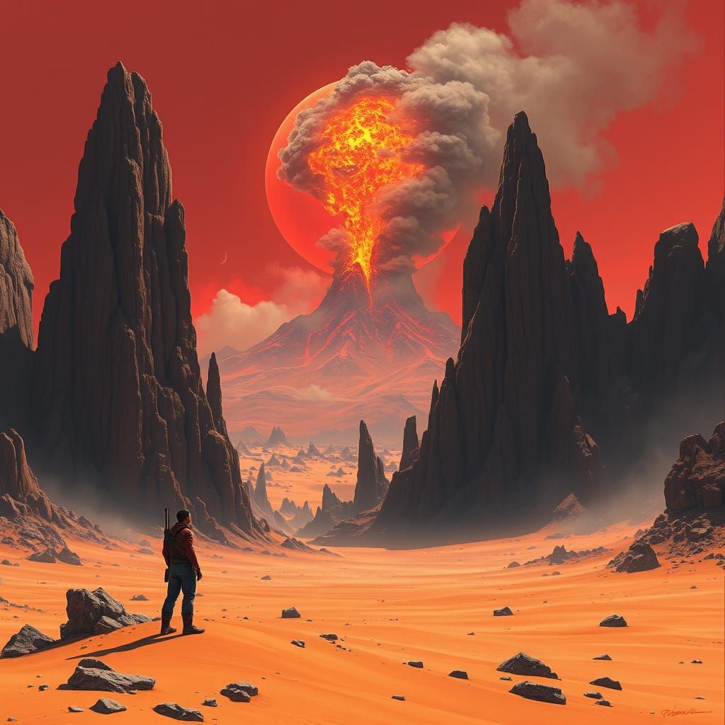 Vulcan Desert Planet Erupts with Towering Volcano