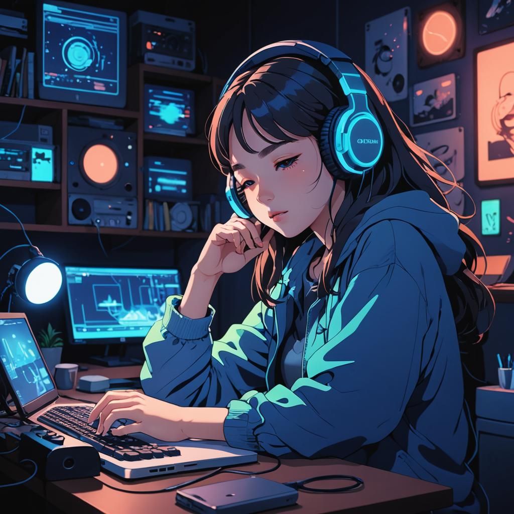 Blue Neon Lofi Art Anime Illustration