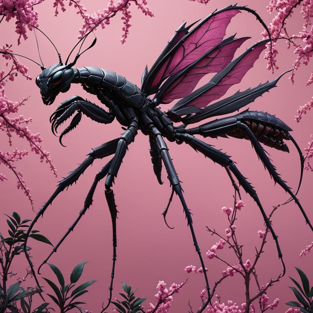 Giant Black Mantis on Pink Background
