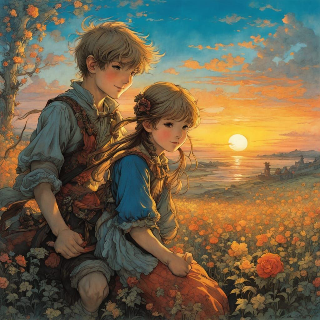 Cheerful Siblings Watch Vibrant Sunset in Anime Style