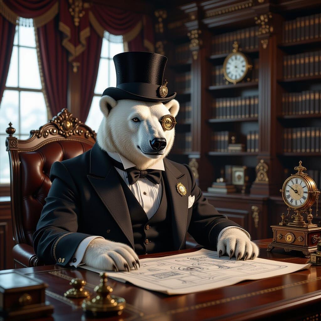 Steampunk Polar Bear in Victorian Study with Airship Bluepri...