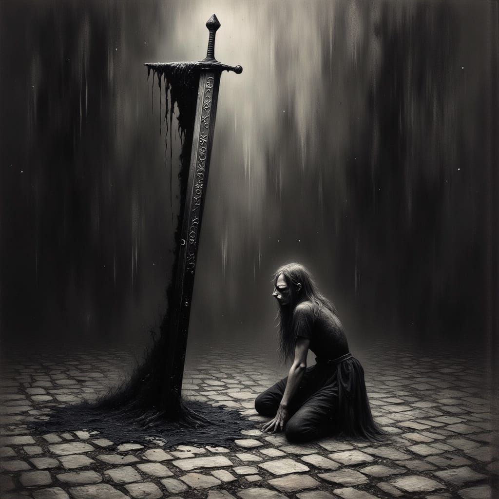 Dark Sword of Power Levitates Above Cobblestone Street in Go...