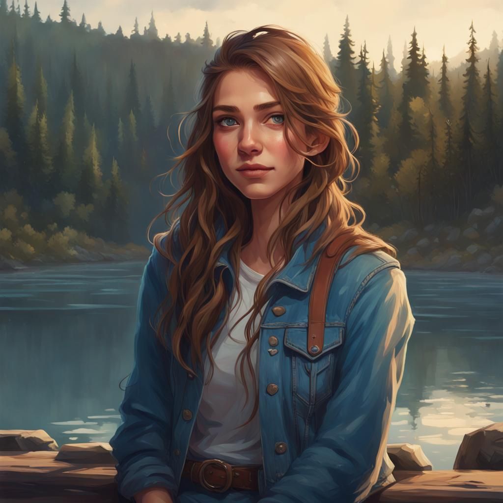 Teenage Girl Portrait near Lake in Hyperrealistic Style