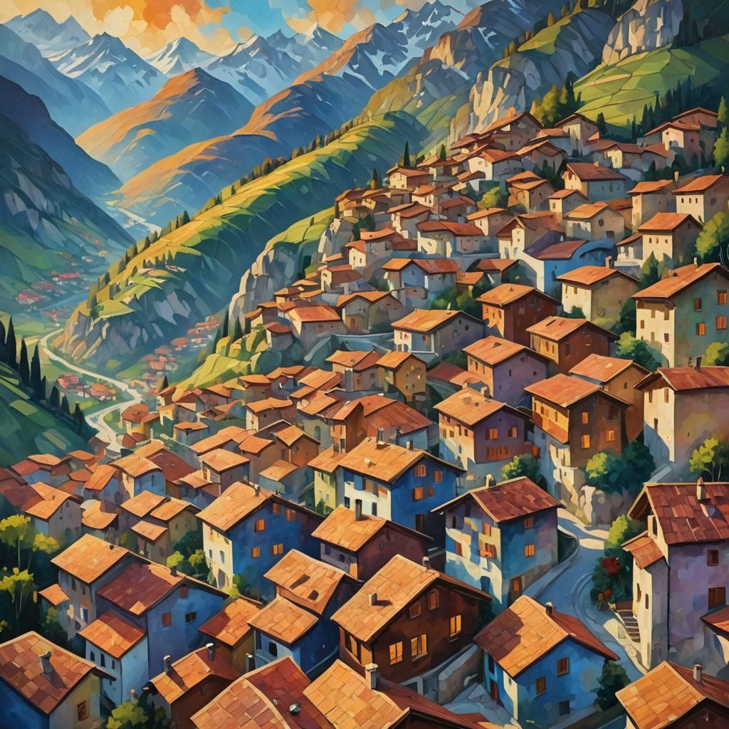 Alpine Village Dawn: Impasto Oil Painting in Summer