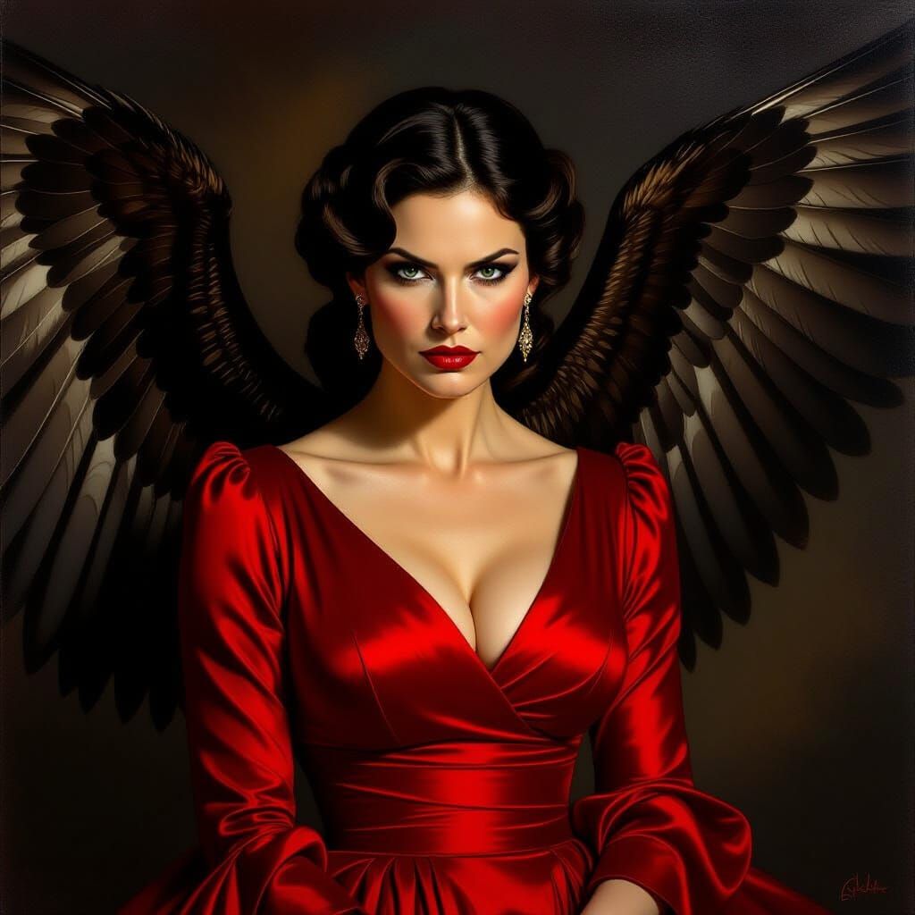 Stern Hawk-Winged Woman in Dramatic Painterly Style